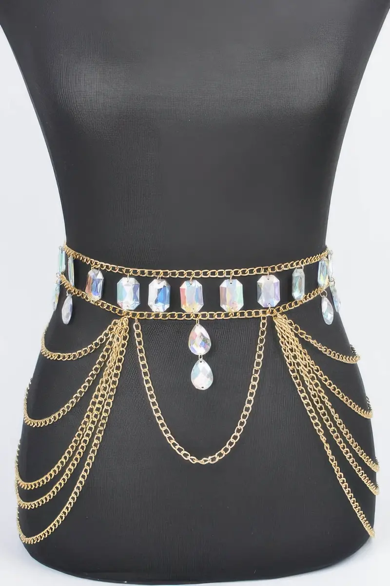 Metal Layered Chain Belt W/Acrylic Stone 1
