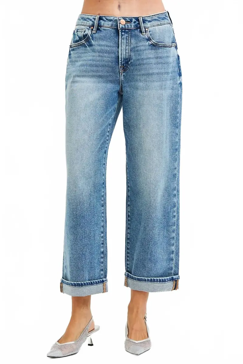 Mid Rise Cuff Boyfriend Jeans In Blue 1