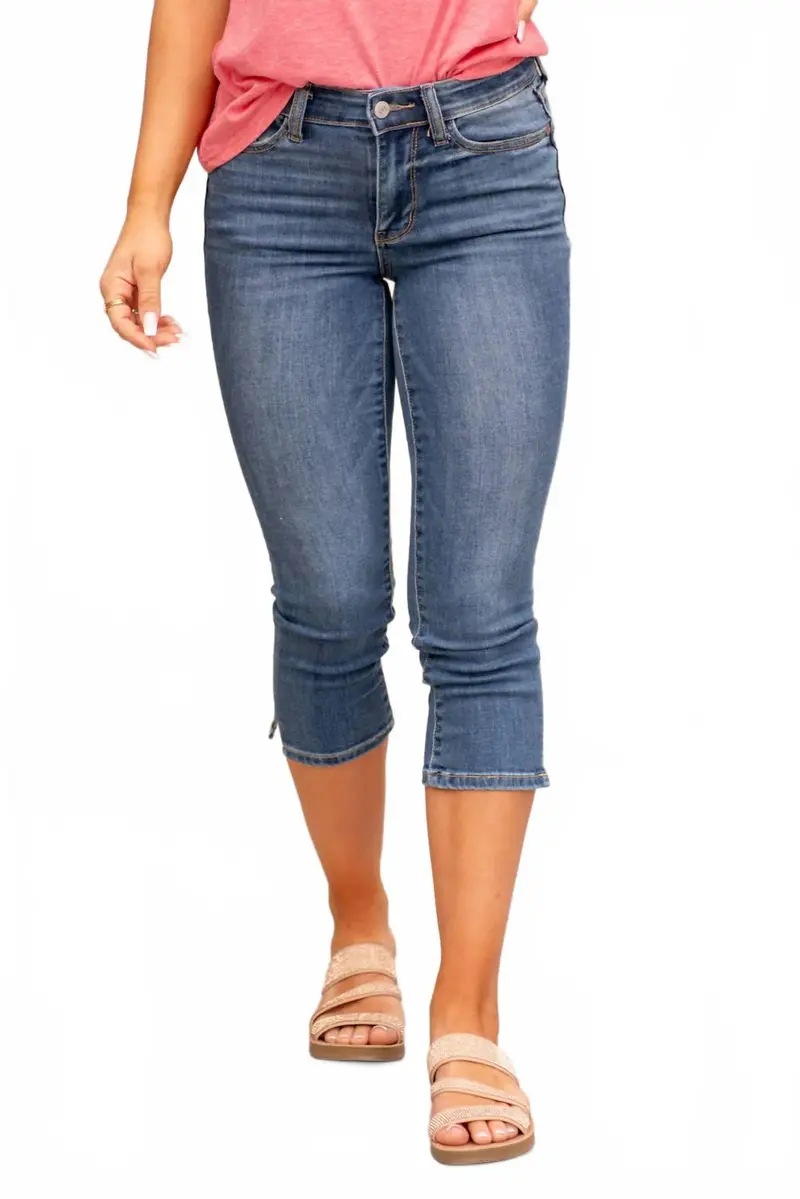 Mid Rise Skinny Capris In Medium Blue Wash 1