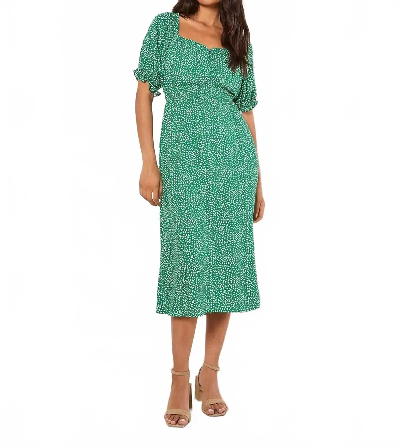 Milkmaid Midi Spot Printed Dress In Green 1