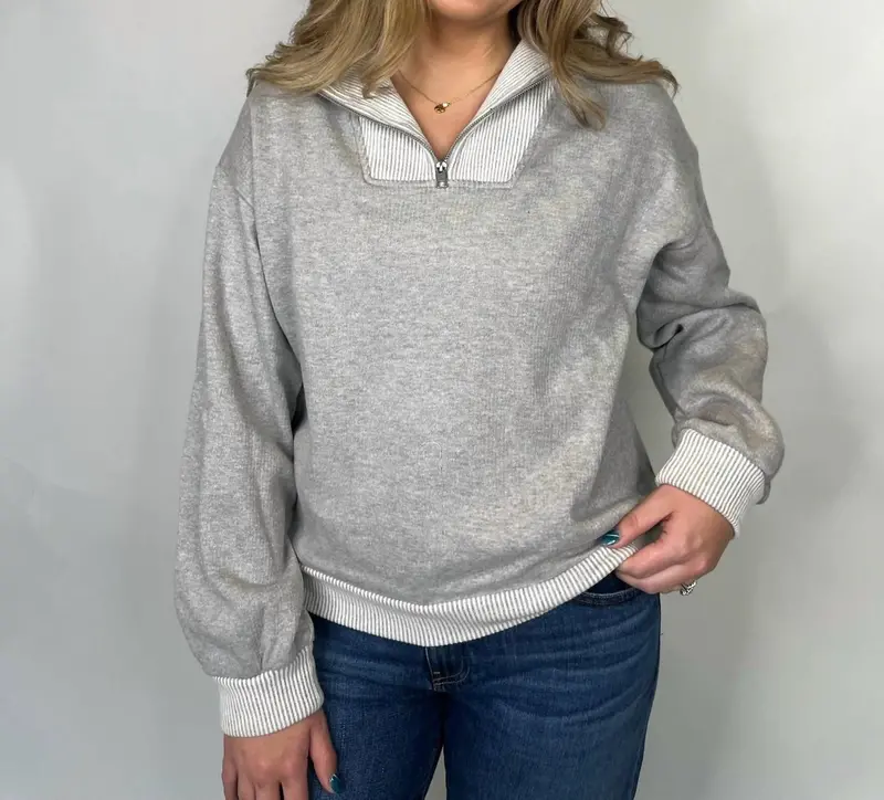 Mix Knit Henley Zip Sweatshirt In Grey 1