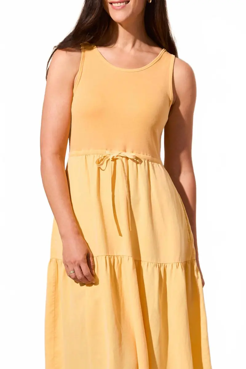 Mixed Media Tiered Midi Sleveless Dress In Tangerine 1