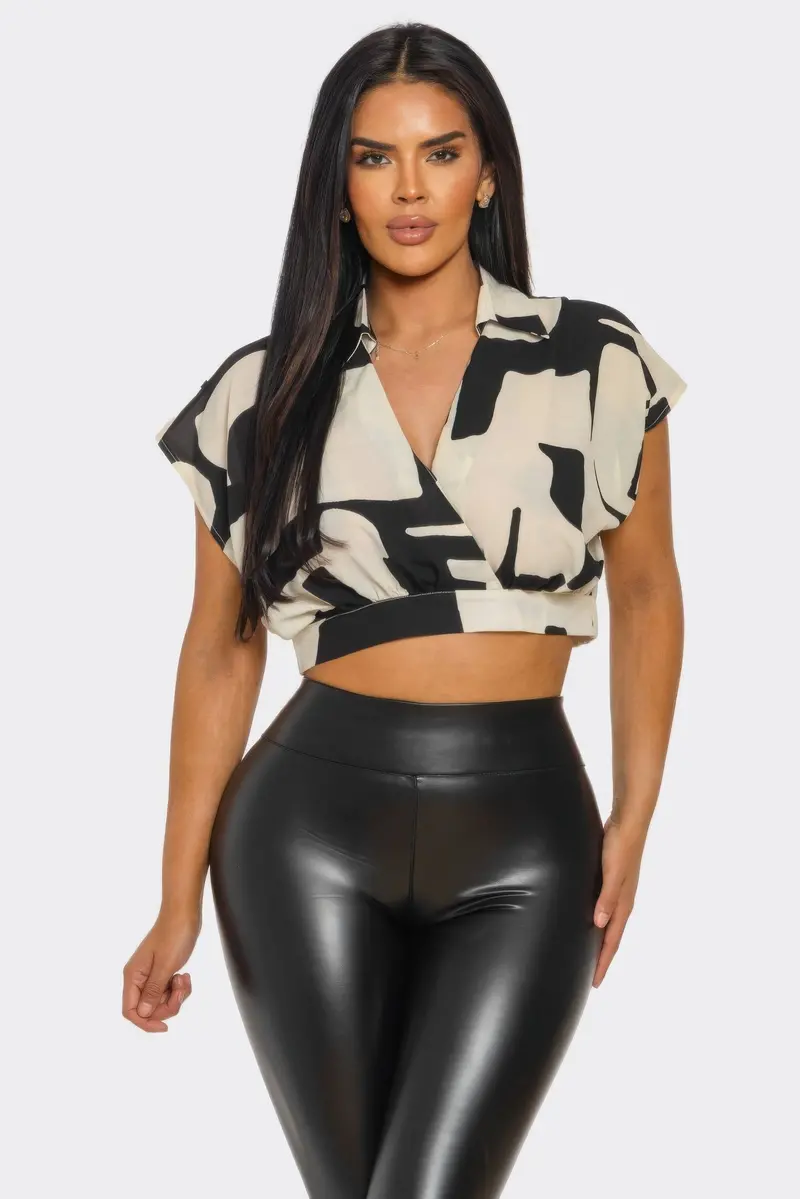Modern Muse Black Beige Wrap Crop Top 1