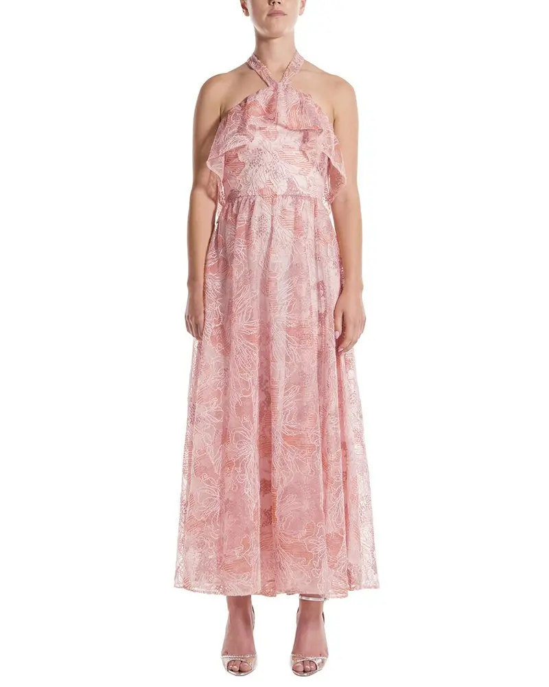 Monique Lhuillier Halter Ruffle Front Silk-Lined Cocktail Dress 1