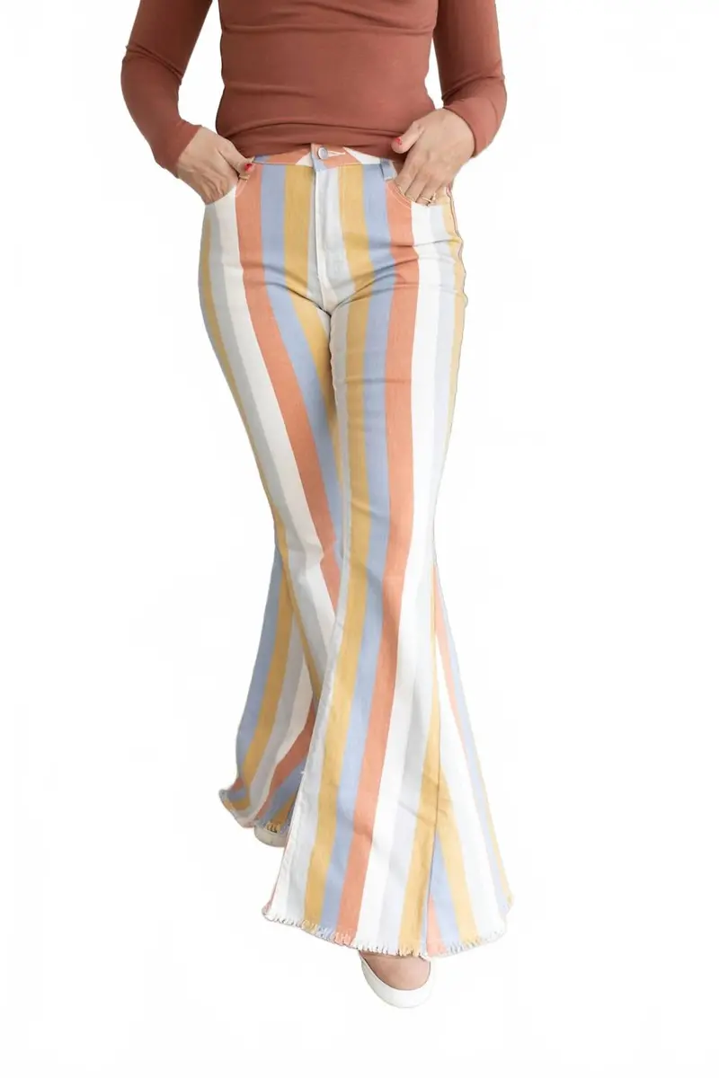 Multi Striped Flare Jeans In Clay 1