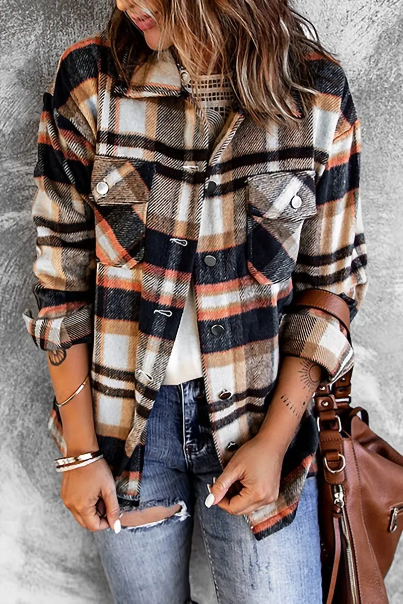 Multicolor Plaid Casual Button Up Jacket In Blue 1