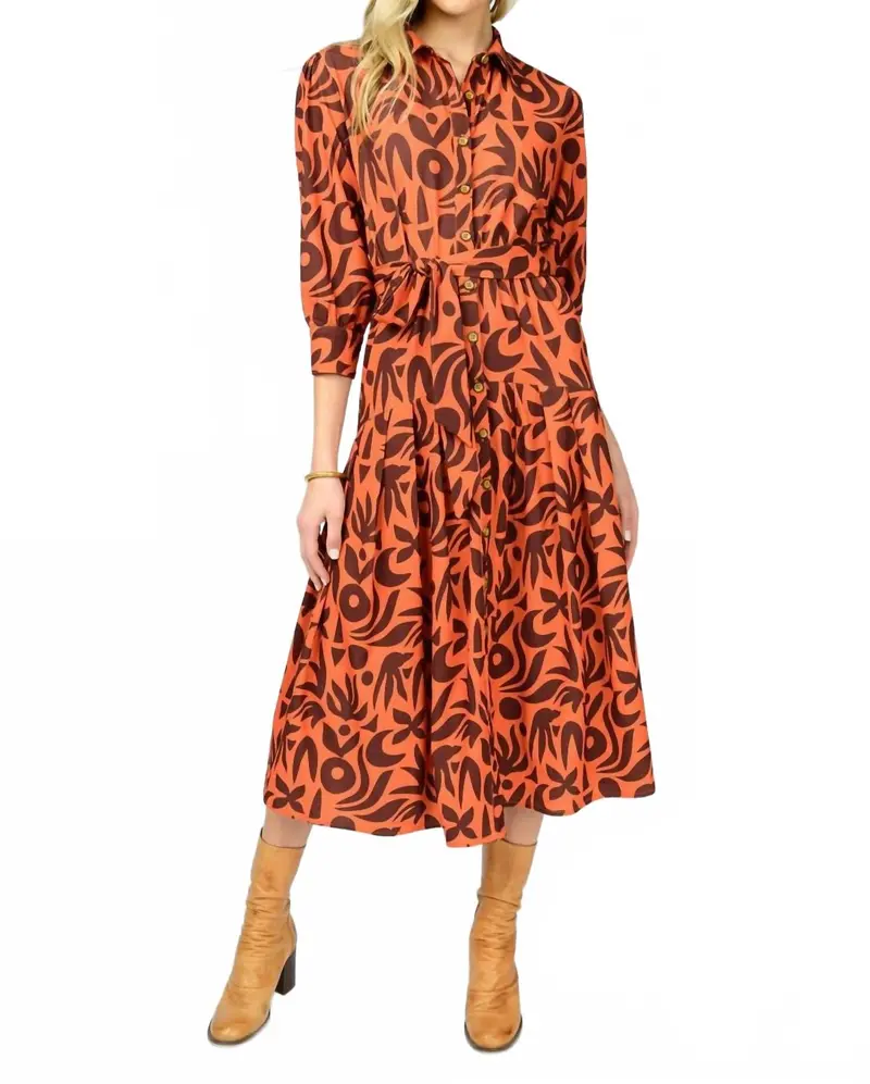 Native Print Midi Shirt Dress In Rust 1
