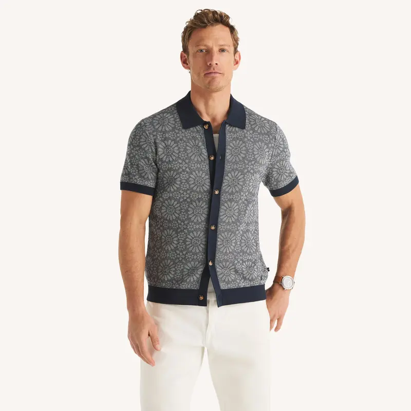 Nautica Mens Jacquard Button-Front Sweater Polo 1