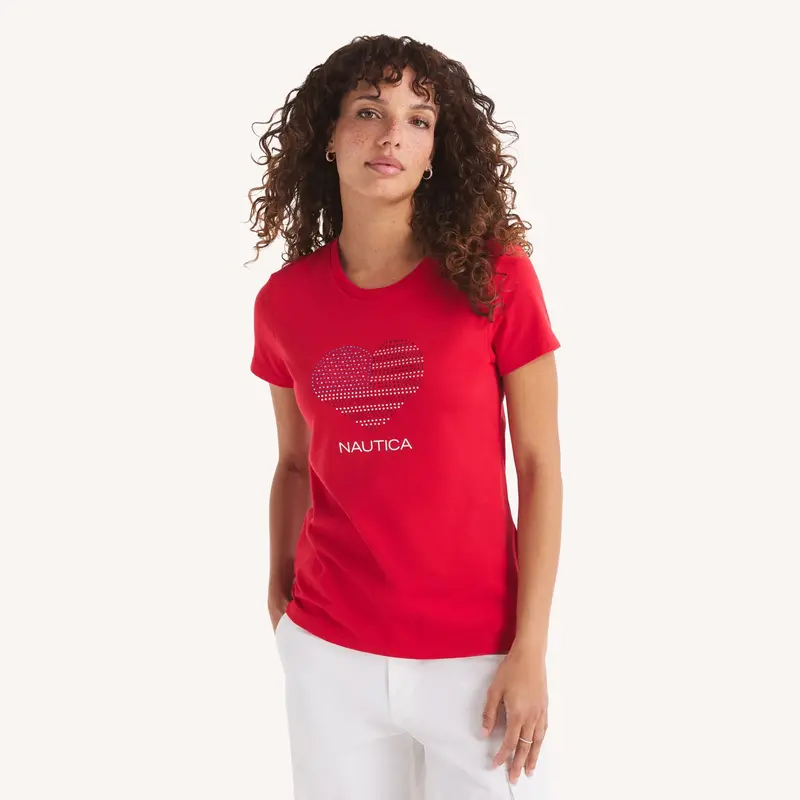 Nautica Womens Rhinestone Flag Heart Graphic T-Shirt 1