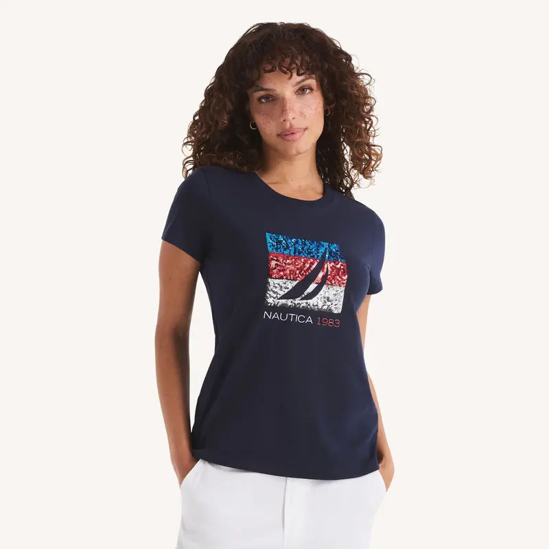 Nautica Womens Sequin Americana Sailing Graphic T-Shirt 1