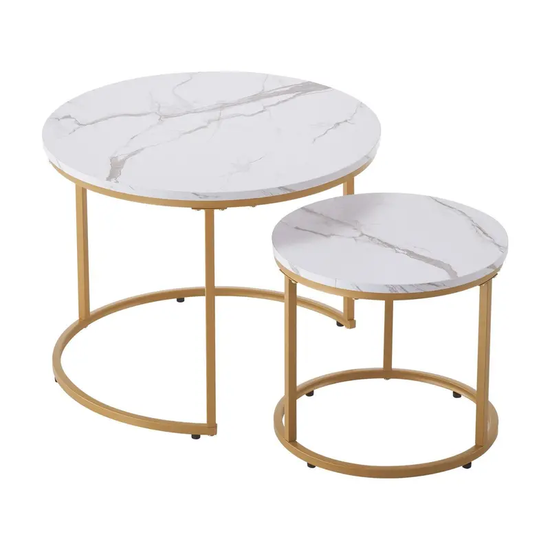 Nesting Coffee Table Set Of 2, 23.6 In Round Coffee Table, Nesting Tables For Small Place, Vintage End Side Tables Night Stand With Metal Frame, For Living Room, Bedroom, Office (White & Gold) 1
