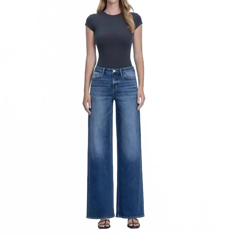 Nicest High Rise Seamless Waistband Wide Leg Jeans In Dark Wash 1