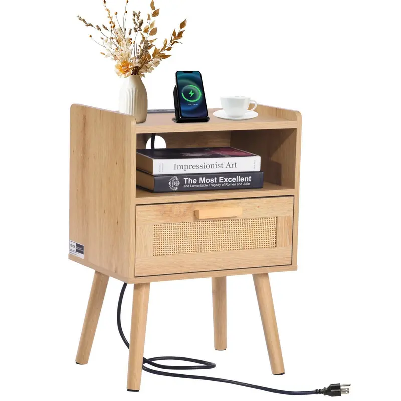 Nightstand, Boho Bedside Table With Drawer Open Shelf,  End Table Wooden Nightstand With Solid Wood Legs,  Side Table With Charging Station, For Bedroom, Study & Living Room 1