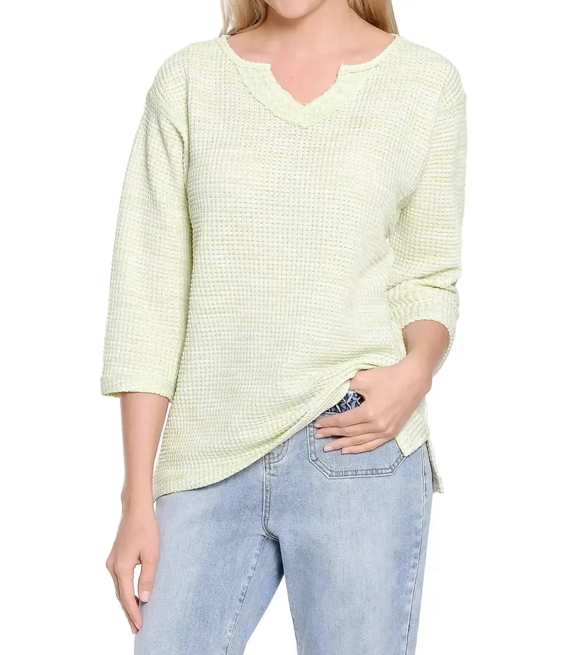 Notch Neck Textured Knit Blouse In Lime 1