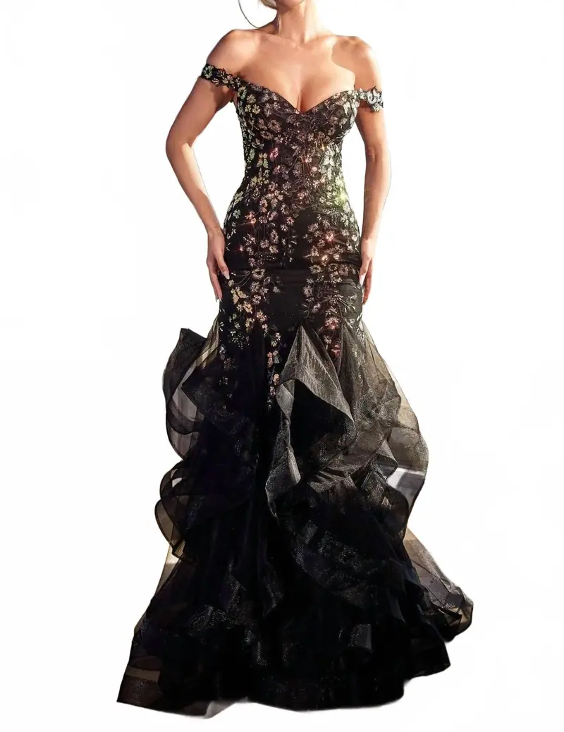 Off Shoulder Sequin Mermaid Gown In Black 1