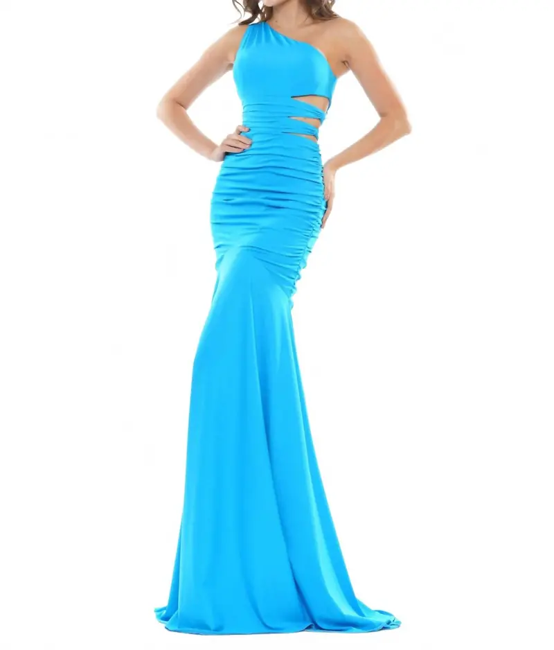 One Shoulder Open Side Gown In Turquoise 1