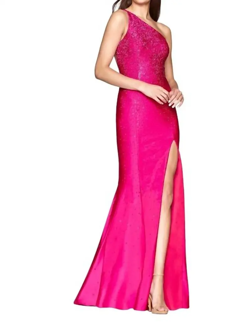 One Shoulder Rhinestone Gown In Hot Pink 1
