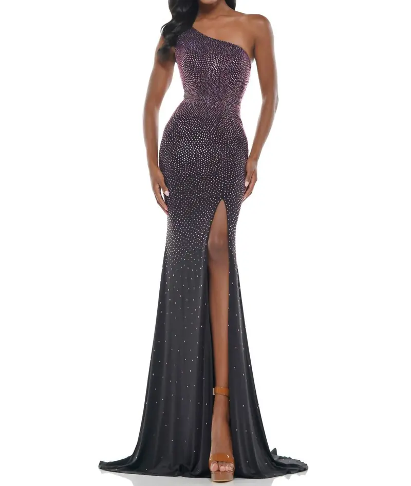 One Shoulder Sequin Gown In Black/Pink 1