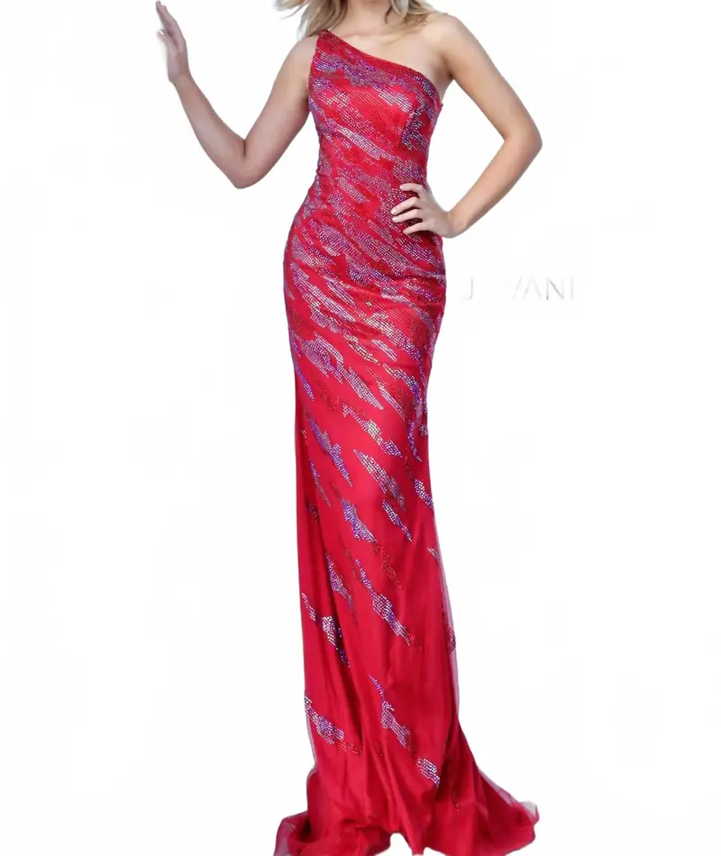 One Shoulder Sparkle Prom Dress In Red 1