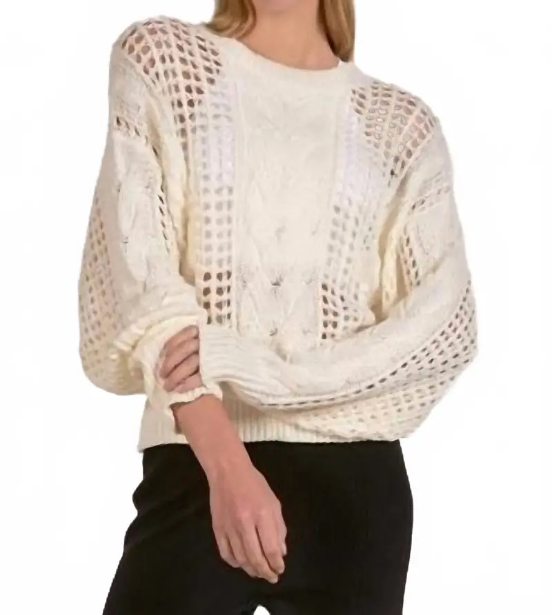 Open Knit Crewneck Sweater In White 1