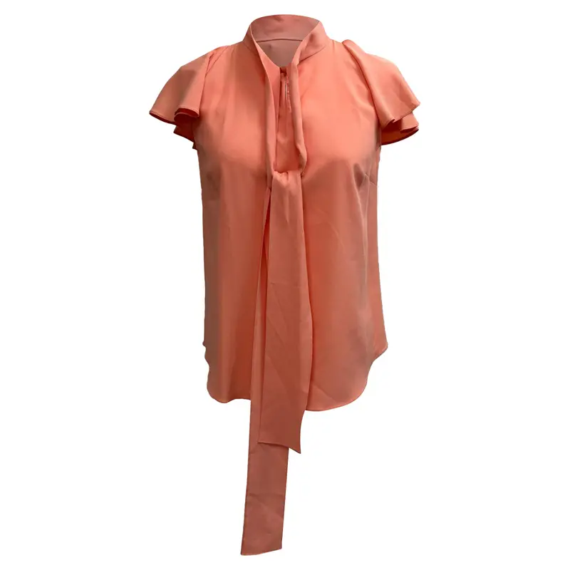 Oscar De La Renta Tie Neck Short Sleeve Blouse In Coral Silk 1