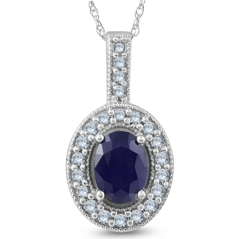Oval Blue Sapphire Diamond Solitaire Pendant 14K White Gold 1