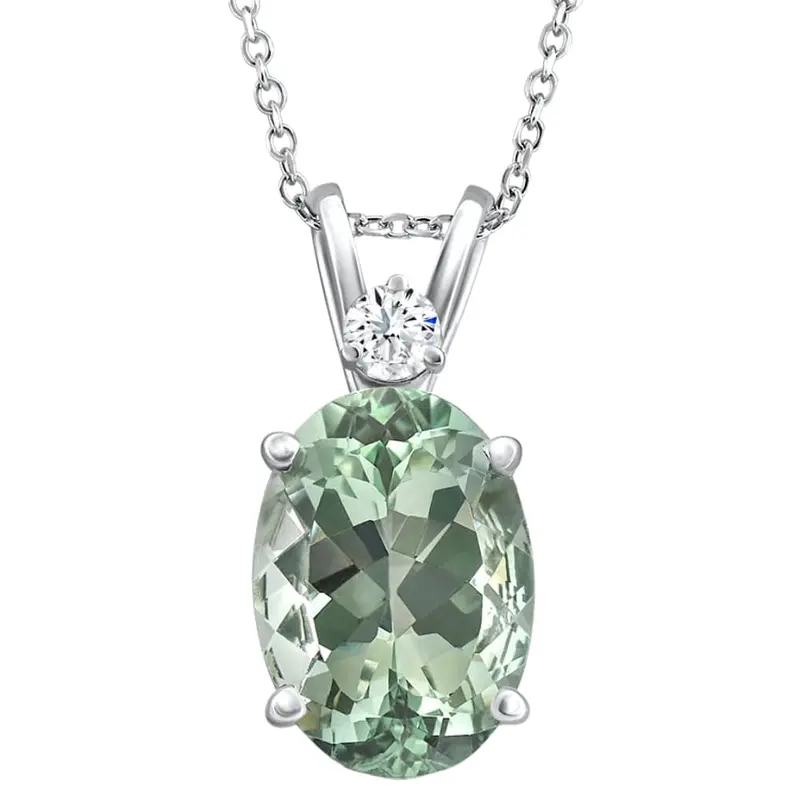 Oval Green Amethyst Diamond Pendant Women's Necklace 18" White Gold Size: Medium 1