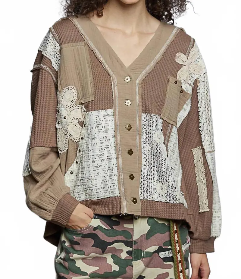 Oversize Lace Print Waffle Knit Button Up Top In Mocha 1