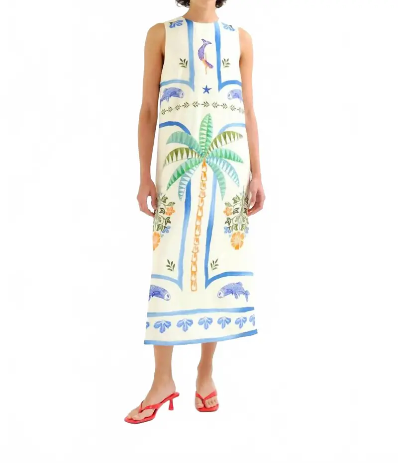 Palm And Mermaid Midi Dress In Beige 1