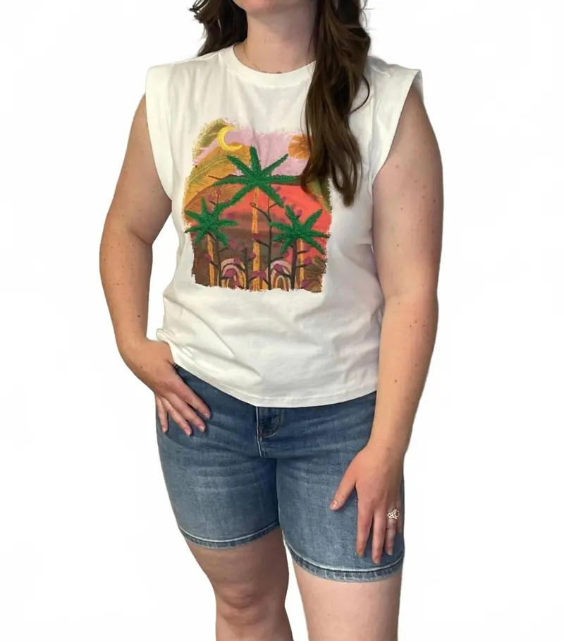 Palm Graphic Sleeveless Tee Top In White 1