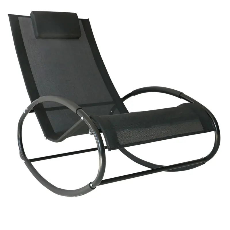 Patio Rocking Chair, Outdoor Chaise Lounger With Headrest Pillow And Breathable Fabric For Backyard, Living Room, Deck And Poolside, Black 1
