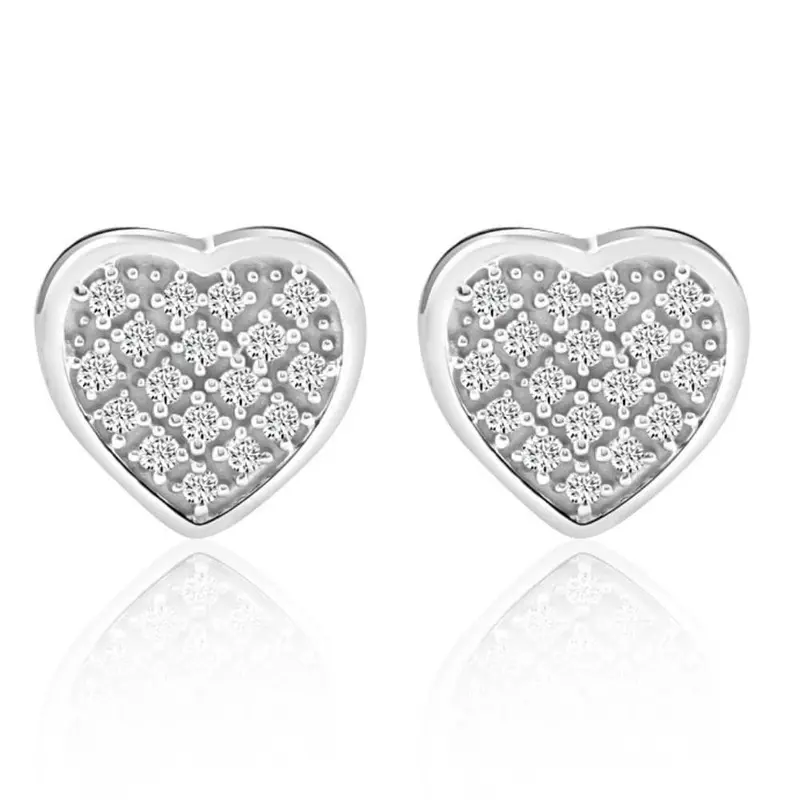 Pave Diamond Heart Studs Screw Back Earrings In White Or Yellow Gold 10K 1