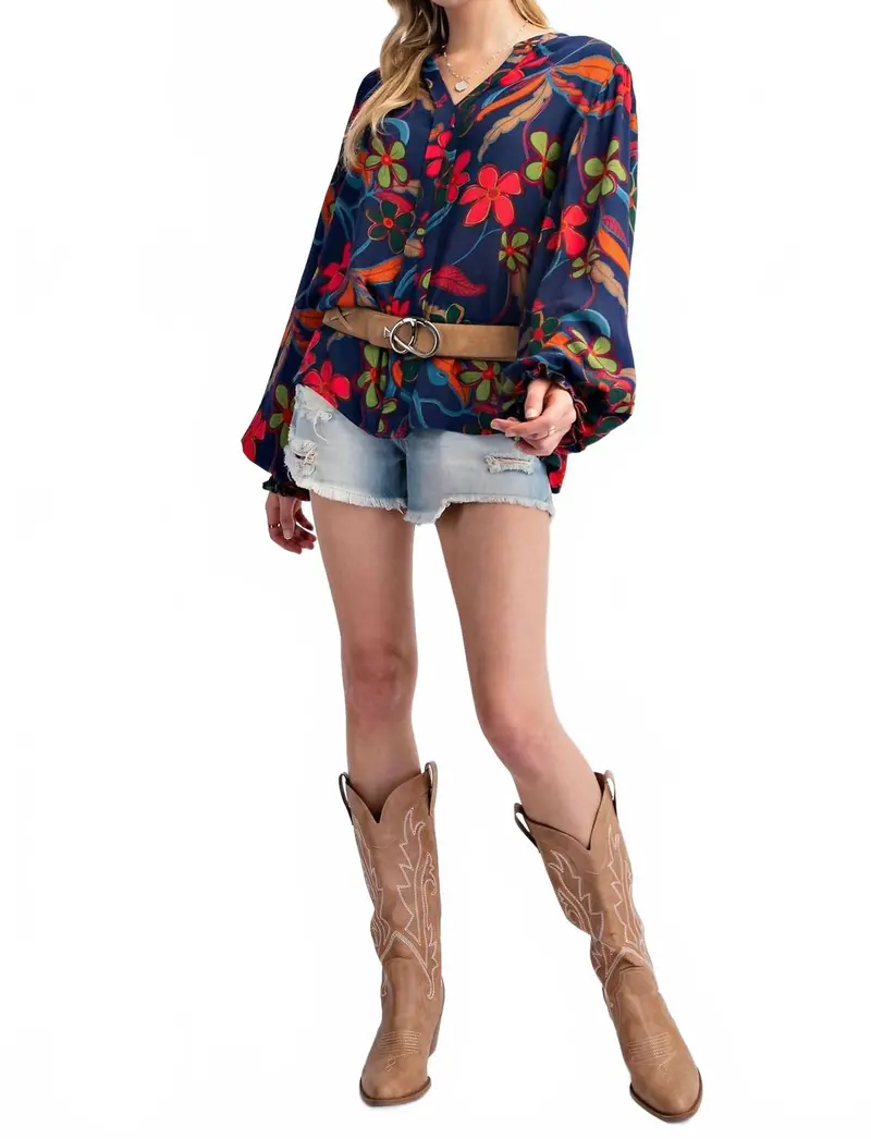 Peach Blossom Floral Gauze Top - Plus In Navy 1