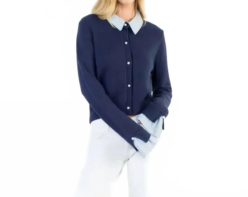 Pearl Button Mixed Media Collared Knit Top In Blue 1