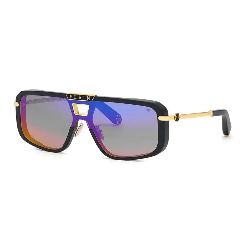 Philipp Plein Sunglasses Aviator Full Rim, Black Frame And Smoke Rainbow Mirror Lens Spp008m703v 1