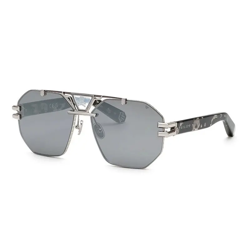 Philipp Plein Sunglasses Aviator Full Rim, Palladium/Grey Havana Frame And Smoke Silver Mirror Lens Spp077v523x 1
