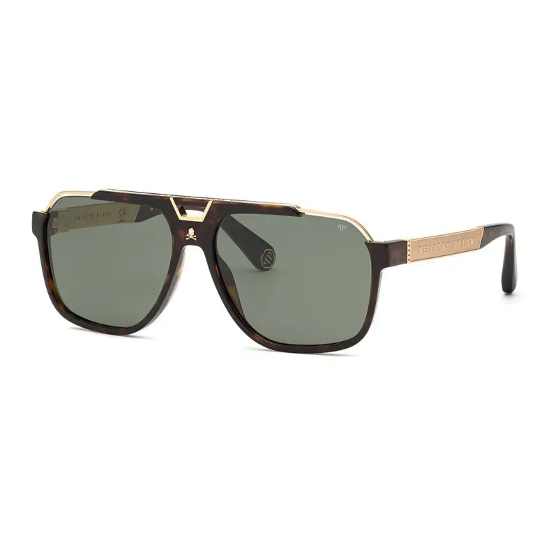 Philipp Plein Sunglasses Aviator Full Rim, Shiny Havana Frame And Green Lens Spp046v0722 1