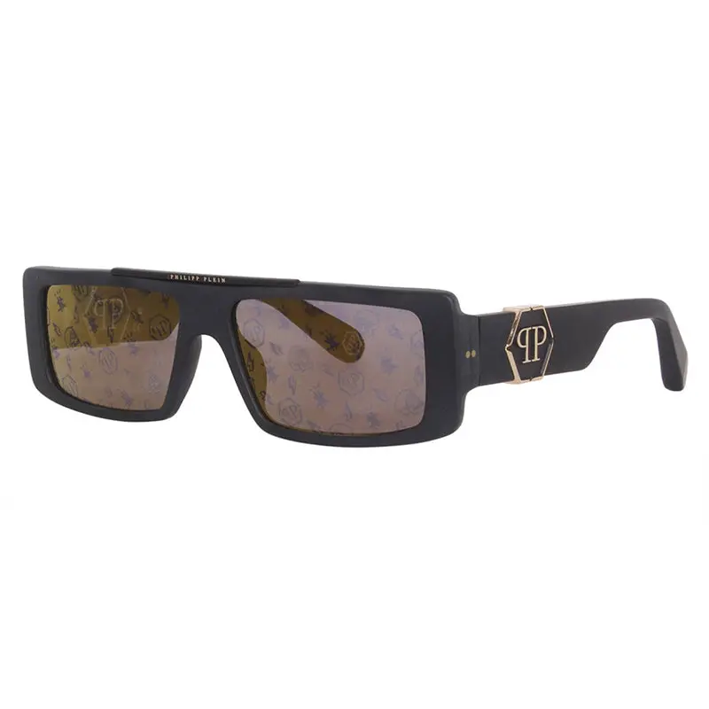 Philipp Plein Sunglasses Rectangle Full Rim, Matt Black Frame And Gold Mirror With Pattern Lens Spp003m703l 1