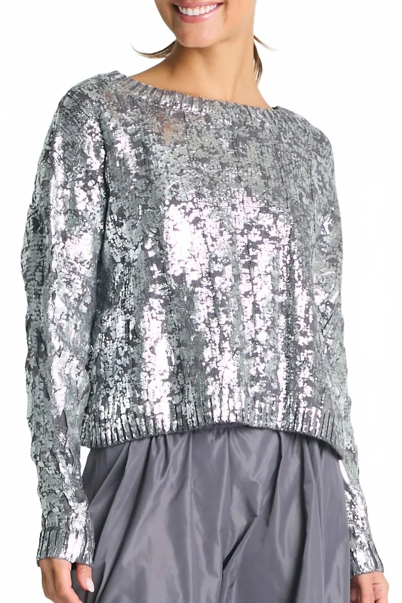 Pima Cotton Mini Foil Cable Crewneck Sweater In Lava/Silver 1