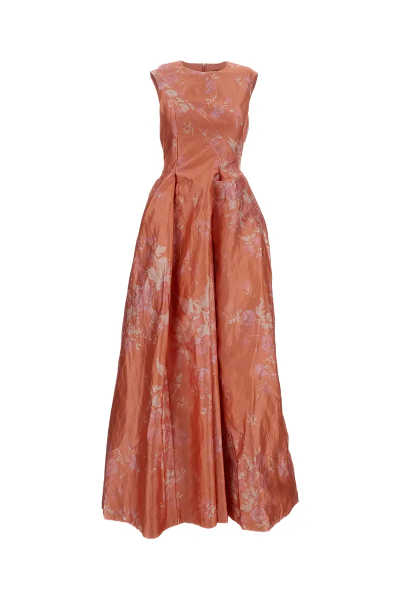 Pink Floral Print Satin Hourglass Gown 1