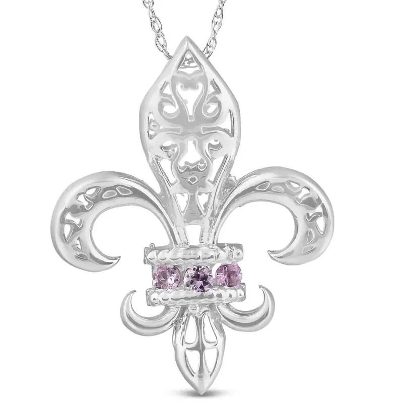 Pink Sapphire Vintage Fleur De Lis Pendant 10Kt White Gold 1" 1