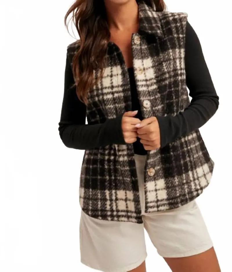 Plaid Boucle Button Down Vest In Black/White 1