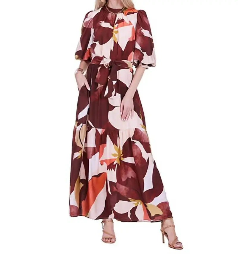 Pleated Neck Maxi Dress In Harvest Rhythm 1