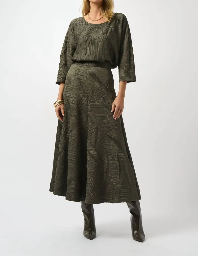 Pleated Satin Long Flared Skirt In Avocado 1