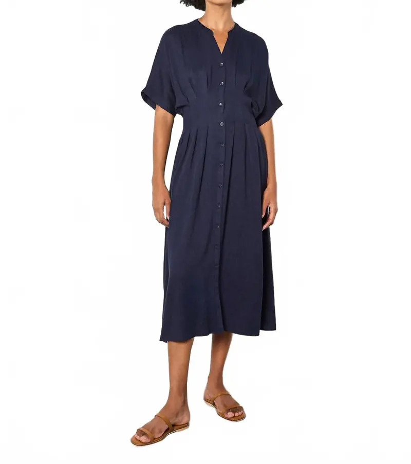 Pleated Shirt Midi Dress - Plus In Navy 1