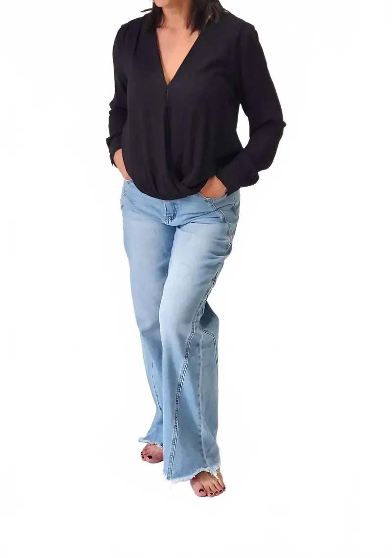 Pleated Surplice Cross Over Blouse In Black 1