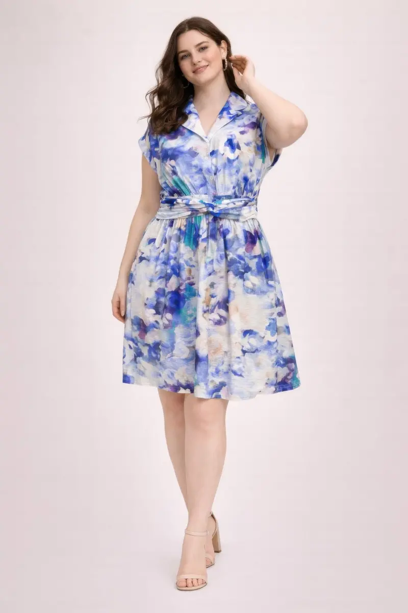 Plus Size Floral Waist Tie Shirt Dress 1