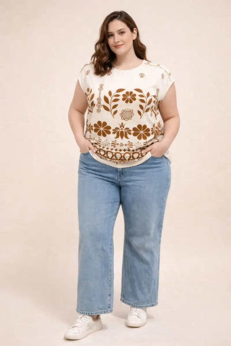 Plus Size Folk Floral Border Print Button-Shoulder Top 1