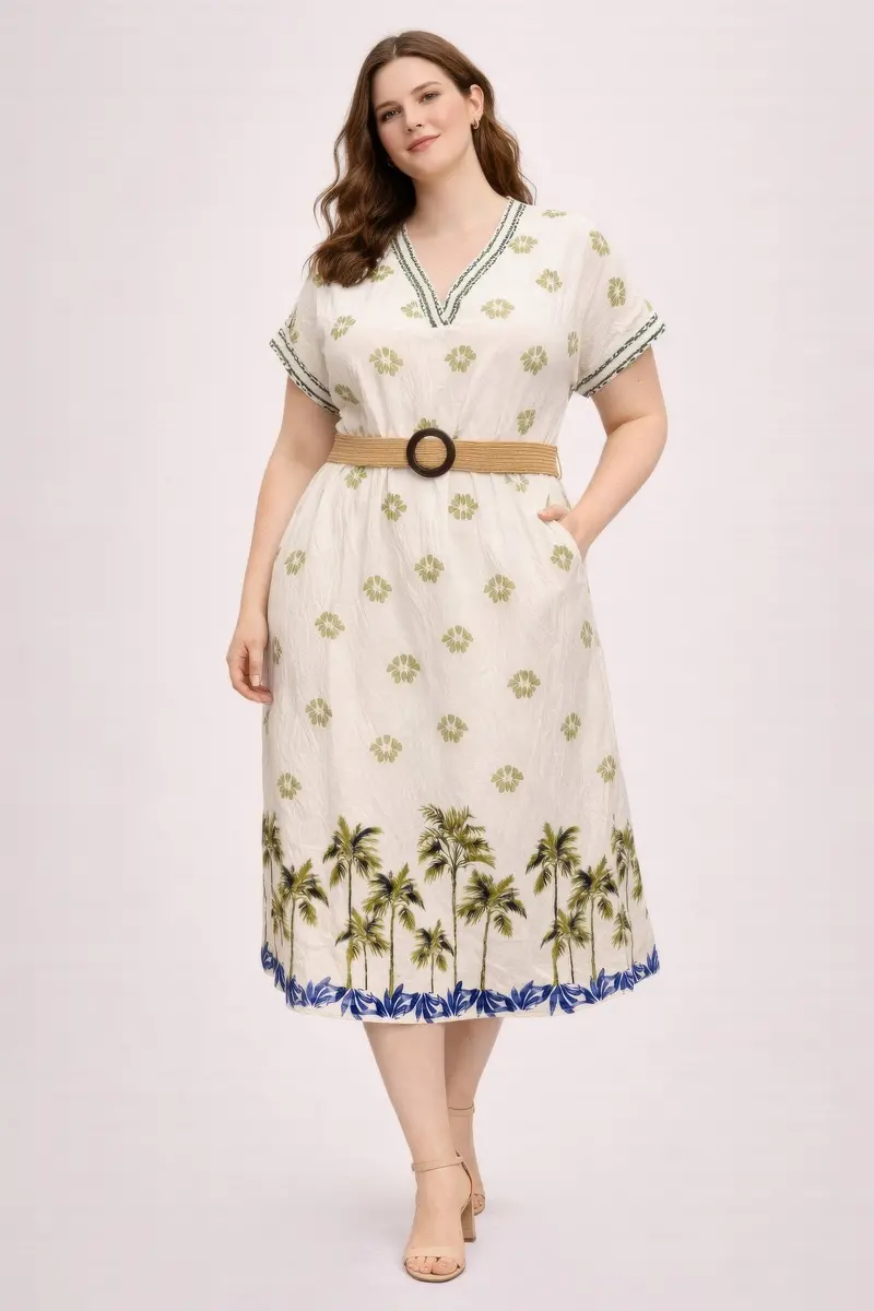 Plus Size Tropical Border Print Midi Dress 1