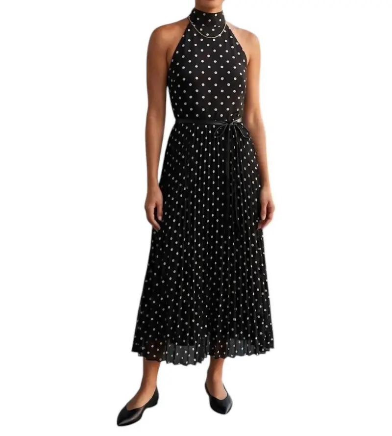 Polka Dot Pleated Midi Dress In Black/White 1